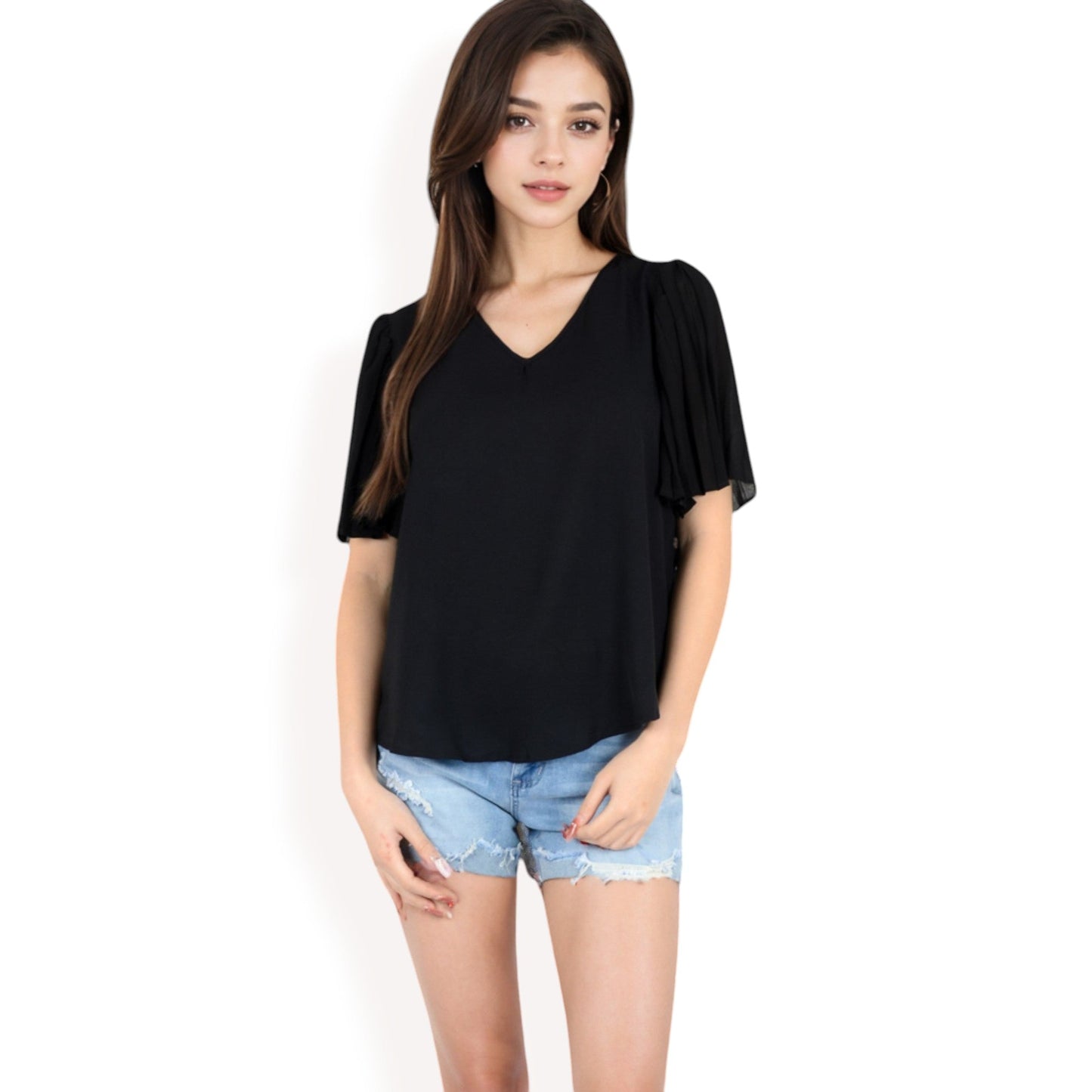 V-Neck Blouse with Pleated Chiffon Flutter Sleeves