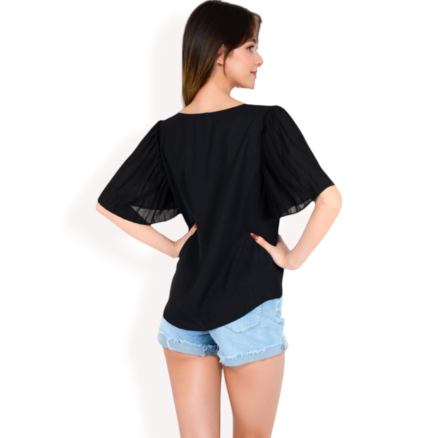 V-Neck Blouse with Pleated Chiffon Flutter Sleeves