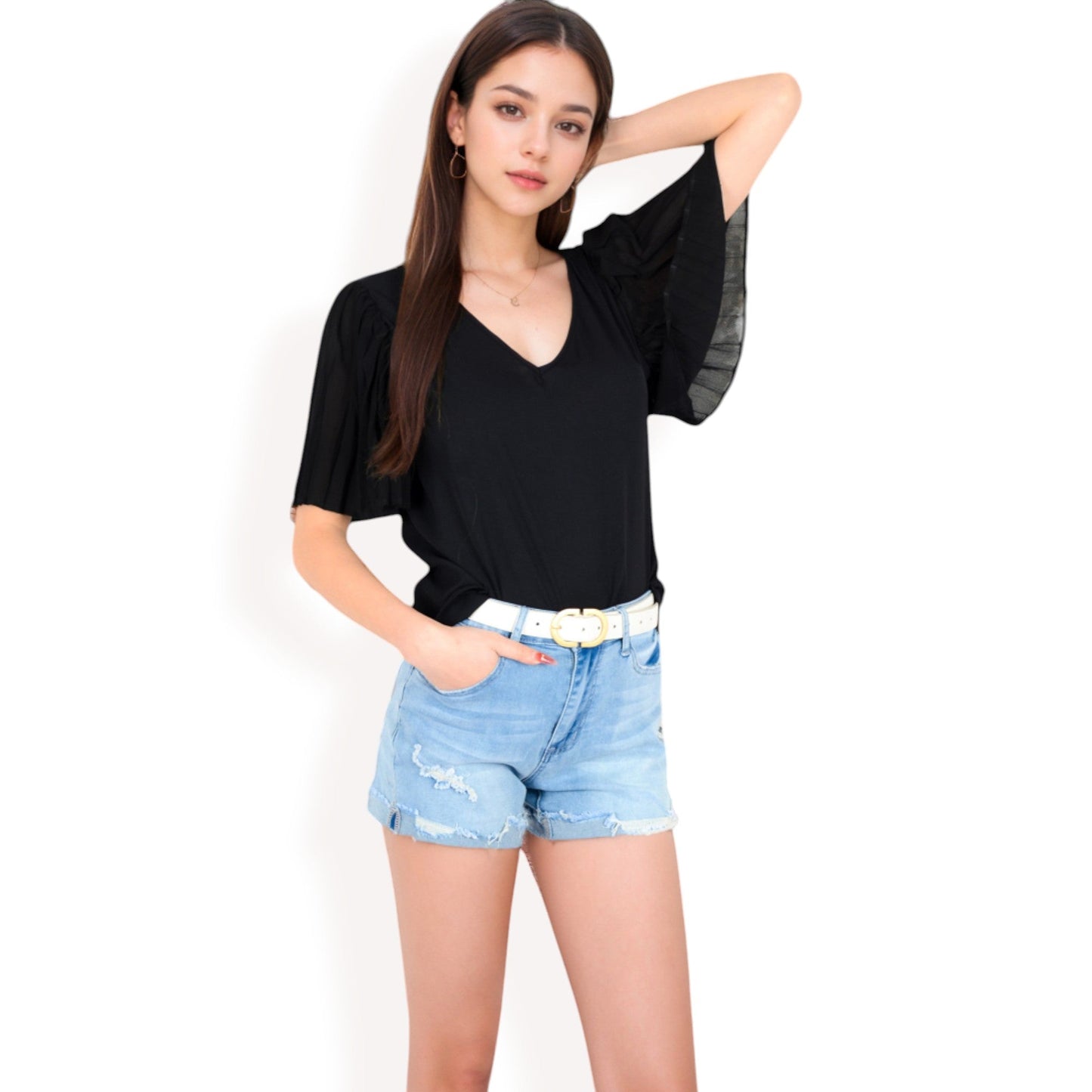 V-Neck Blouse with Pleated Chiffon Flutter Sleeves