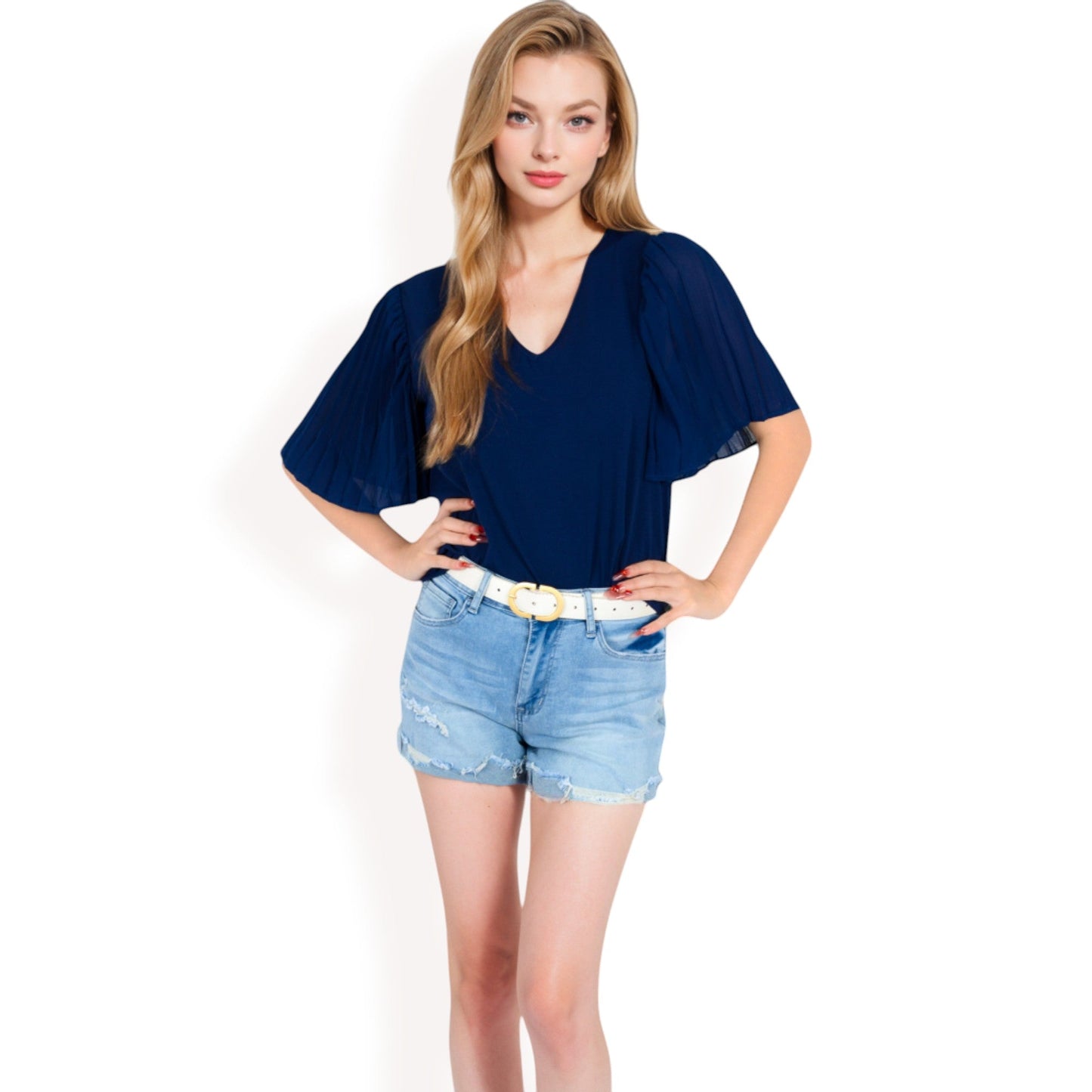 V-Neck Blouse with Pleated Chiffon Flutter Sleeves