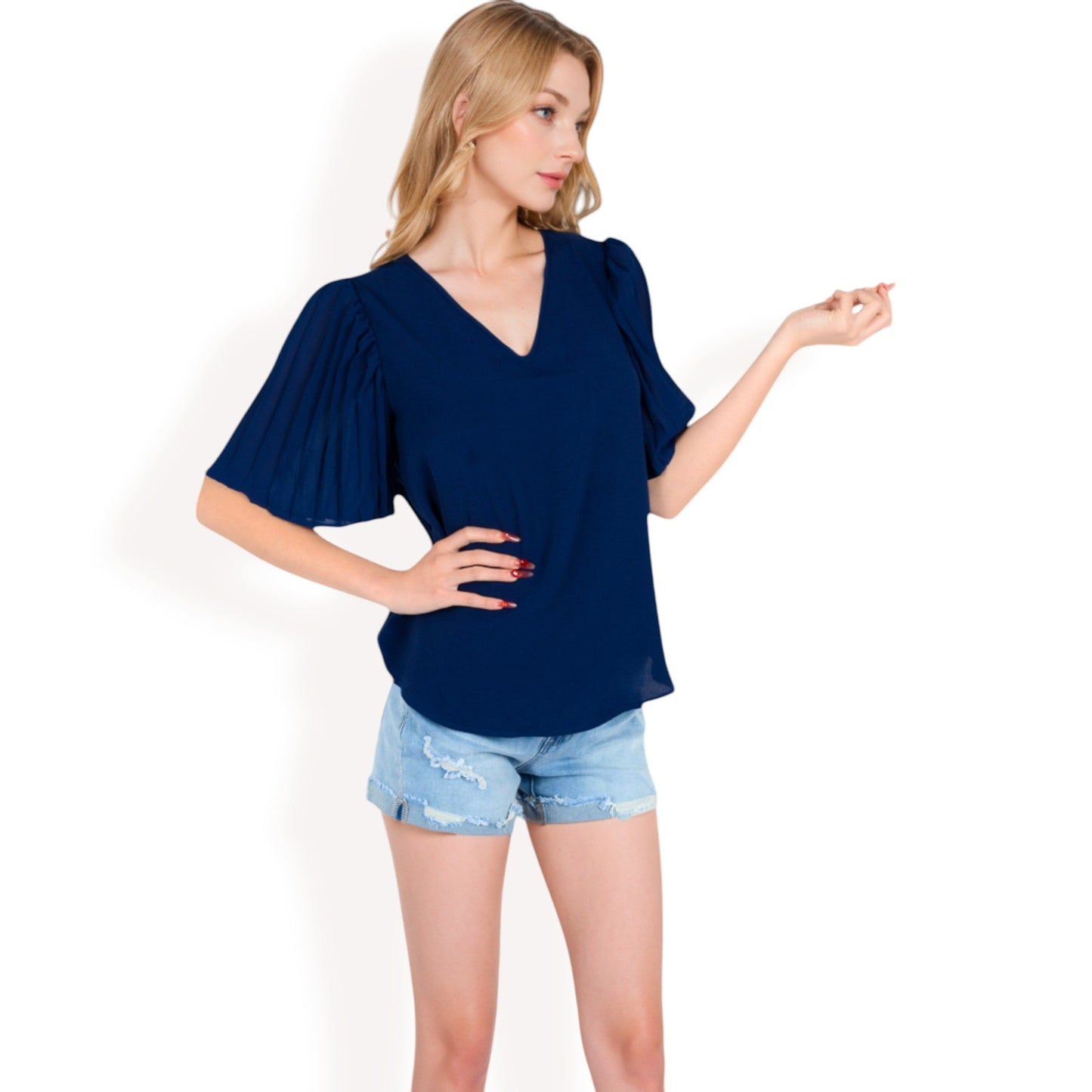 V-Neck Blouse with Pleated Chiffon Flutter Sleeves
