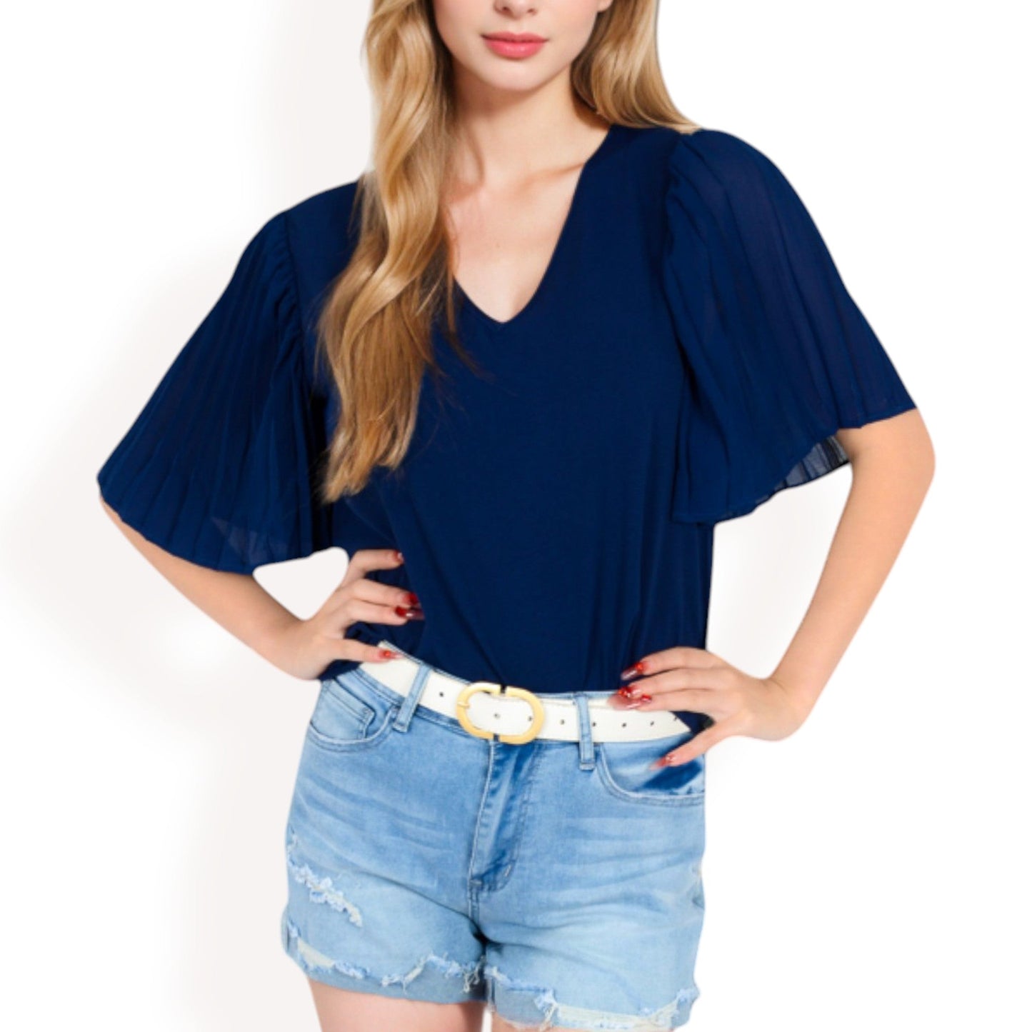 V-Neck Blouse with Pleated Chiffon Flutter Sleeves
