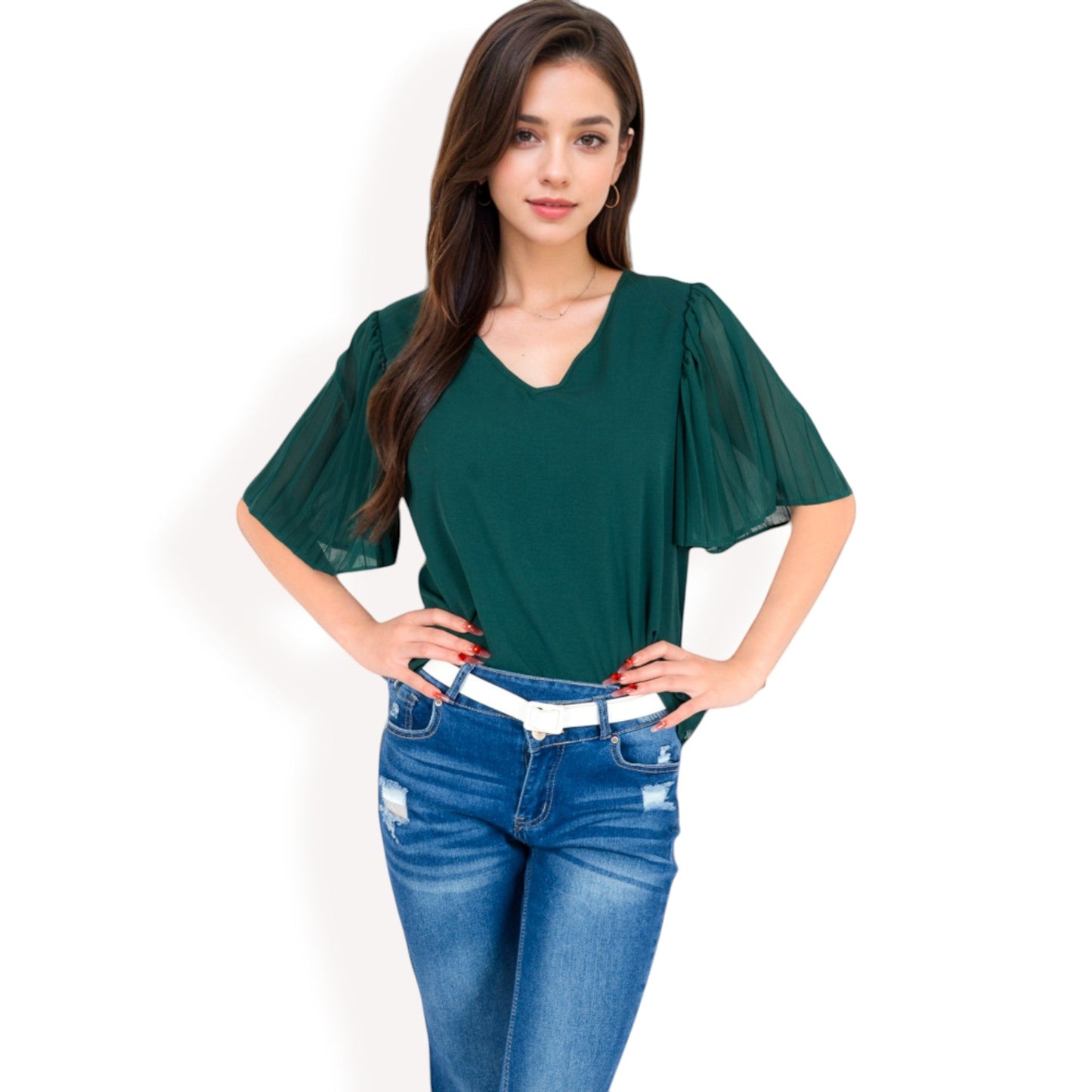 V-Neck Blouse with Pleated Chiffon Flutter Sleeves