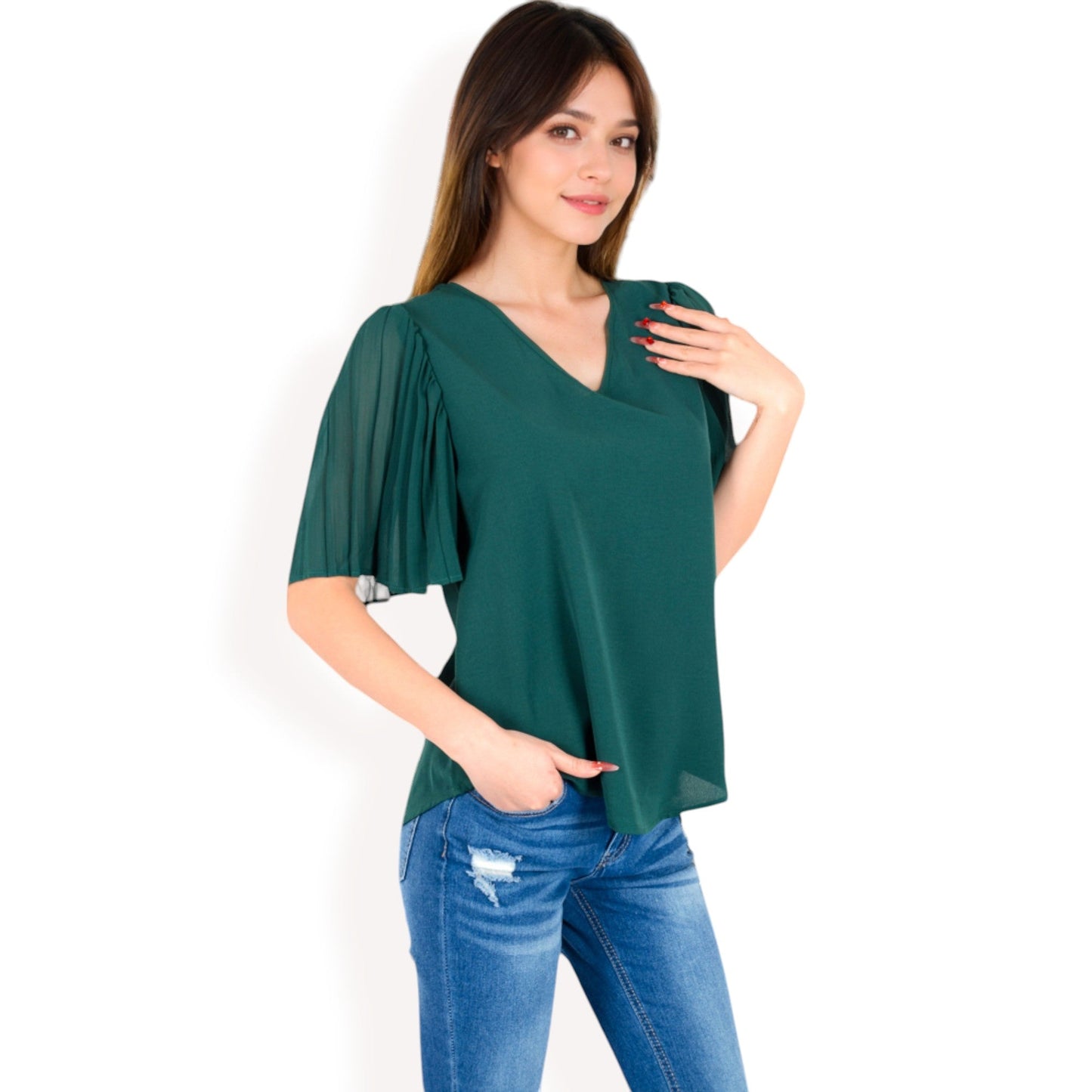 V-Neck Blouse with Pleated Chiffon Flutter Sleeves