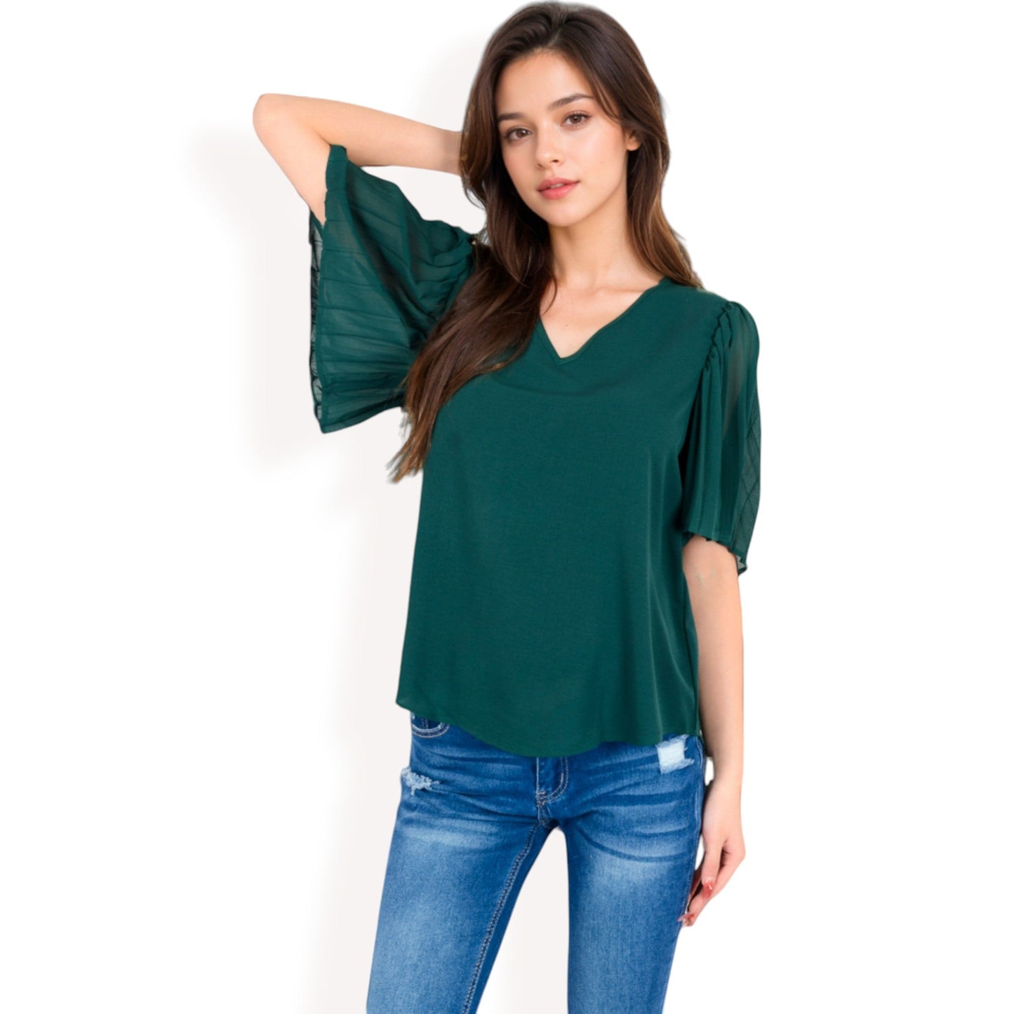 V-Neck Blouse with Pleated Chiffon Flutter Sleeves