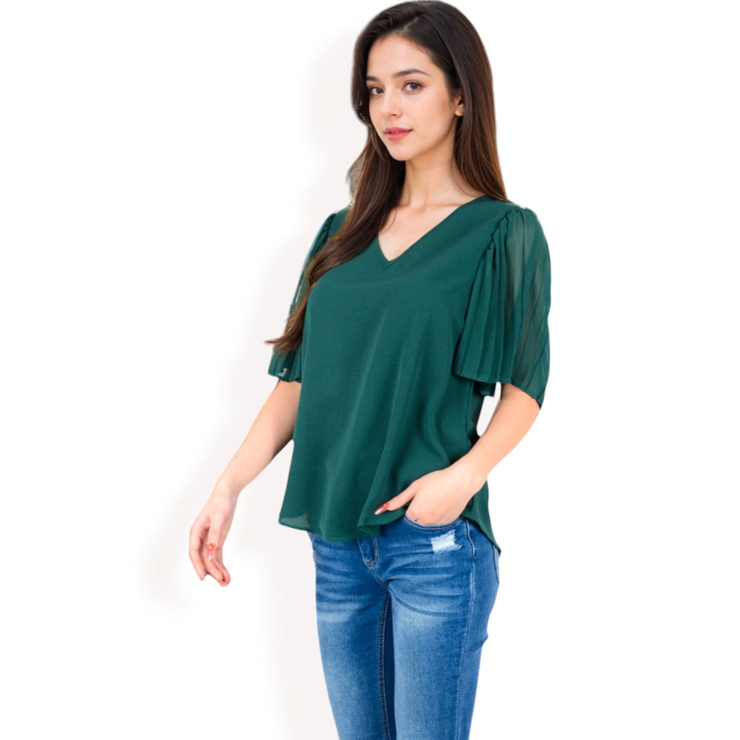V-Neck Blouse with Pleated Chiffon Flutter Sleeves