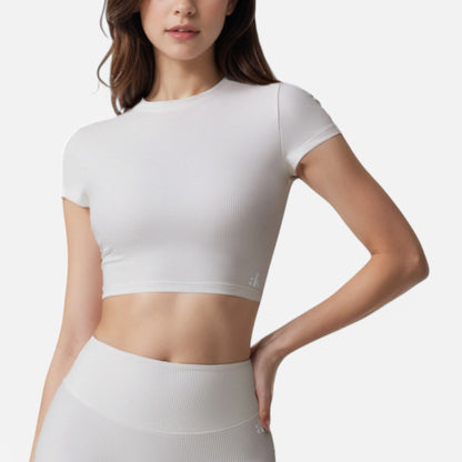 Active Women's Short Sleeve Ribbed Crop Top with Crew Neck and Stretch Fabric