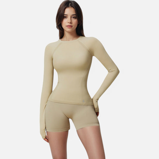 Active Women's Long Sleeve Fitted Crew Neck Top with Thumbhole Cuffs and Seam Detailing