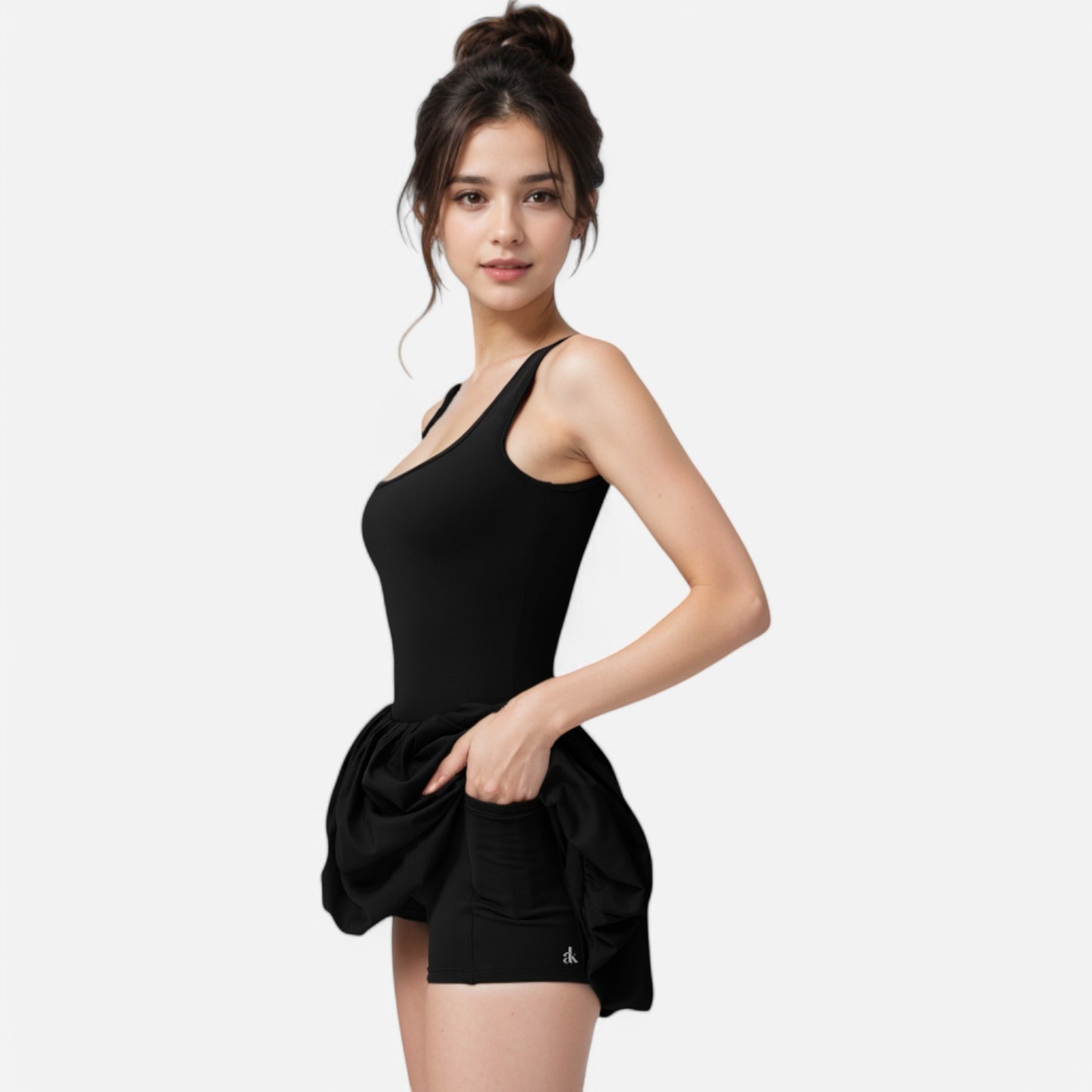 Active Women's Sleeveless Fitted Bodysuit Dress with Bubble Hem Skirt and Scoop Neck