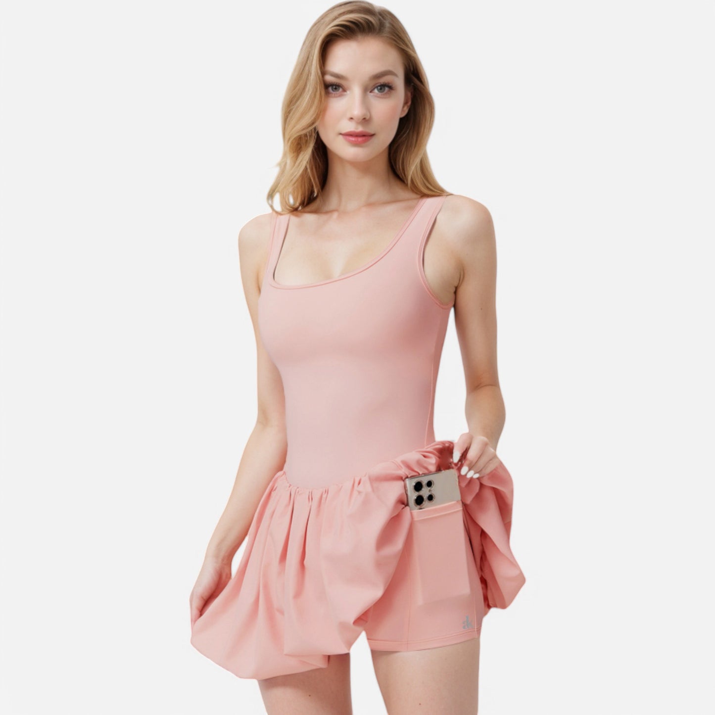 Active Women's Sleeveless Fitted Bodysuit Dress with Bubble Hem Skirt and Scoop Neck