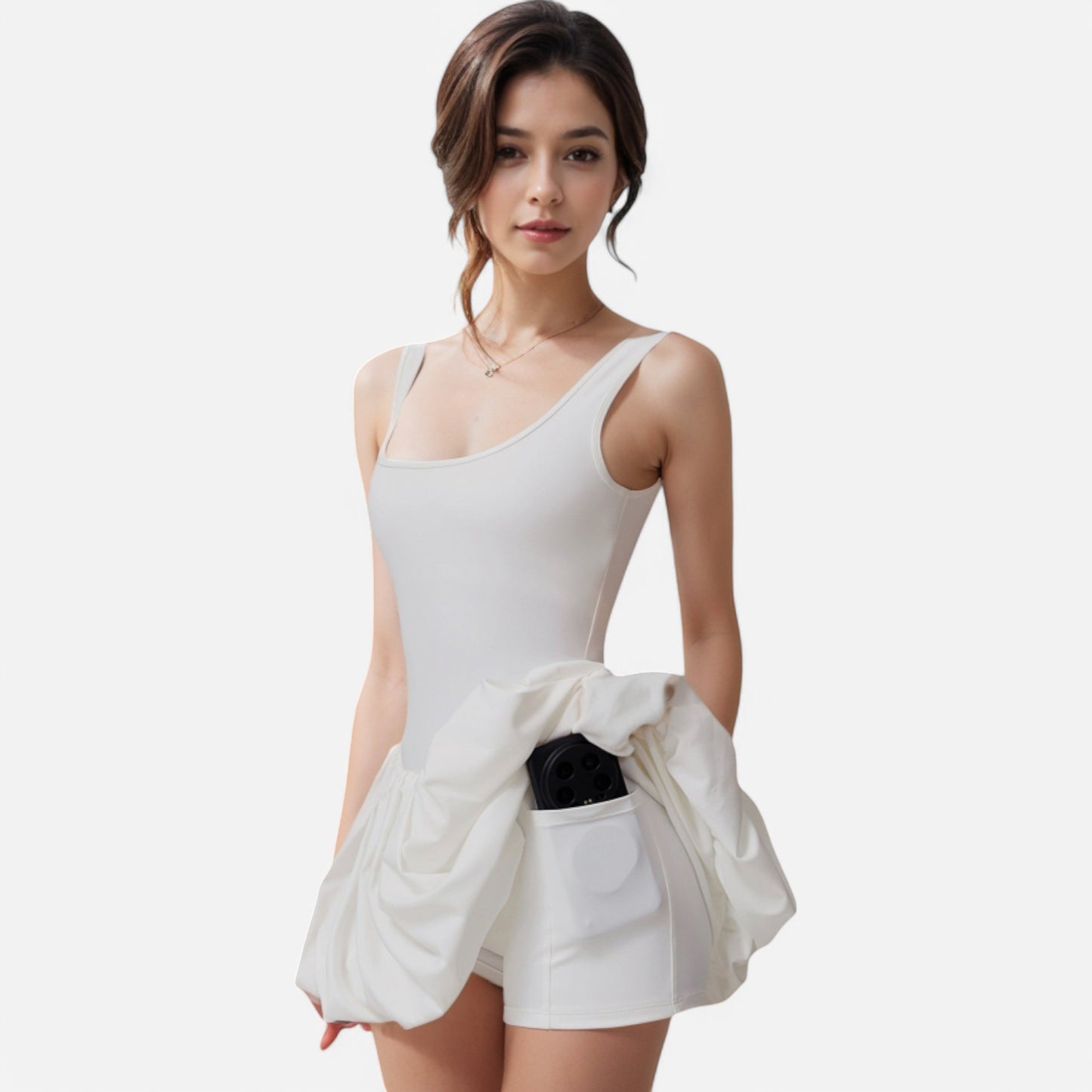 Active Women's Sleeveless Fitted Bodysuit Dress with Bubble Hem Skirt and Scoop Neck