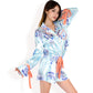 Porcelain Print Satin Pajama Set with Contrast Trim and Tie Details- Blue,Small