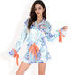 Porcelain Print Satin Pajama Set with Contrast Trim and Tie Details- Blue,Small
