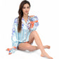 Porcelain Print Satin Pajama Set with Contrast Trim and Tie Details- Blue,Small