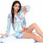 Porcelain Print Satin Pajama Set with Contrast Trim and Tie Details- Blue,Small