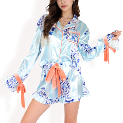 Porcelain Print Satin Pajama Set with Contrast Trim and Tie Details- Blue,Small