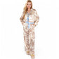 Toile Print Satin Pajama Set with Ribbon Tie and Wide-Leg Pants- Khaki,Small
