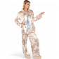Toile Print Satin Pajama Set with Ribbon Tie and Wide-Leg Pants- Khaki,Small