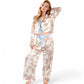 Toile Print Satin Pajama Set with Ribbon Tie and Wide-Leg Pants- Khaki,Small