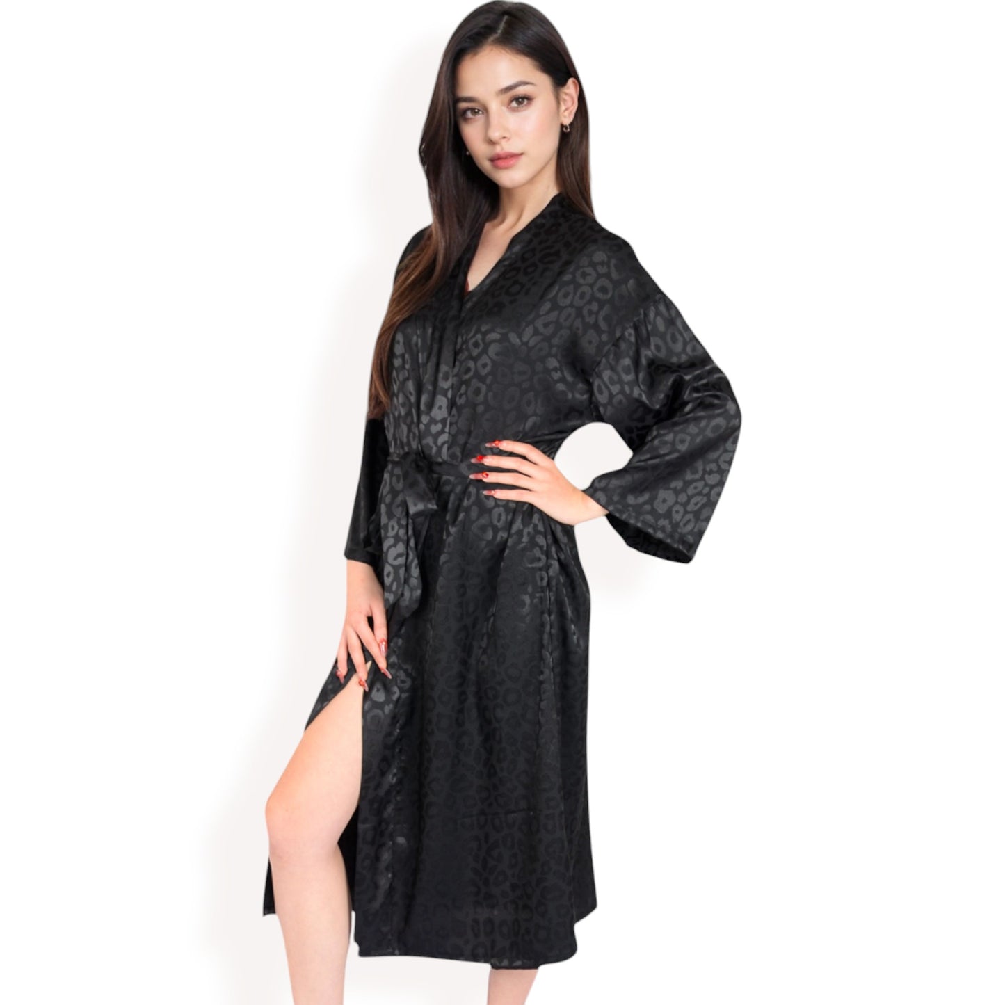 Leopard Print Satin Nightgown with Matching Long Robe and Adjustable Straps- Black,Small