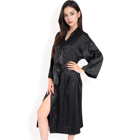 Leopard Print Satin Nightgown with Matching Long Robe and Adjustable Straps- Black,Small