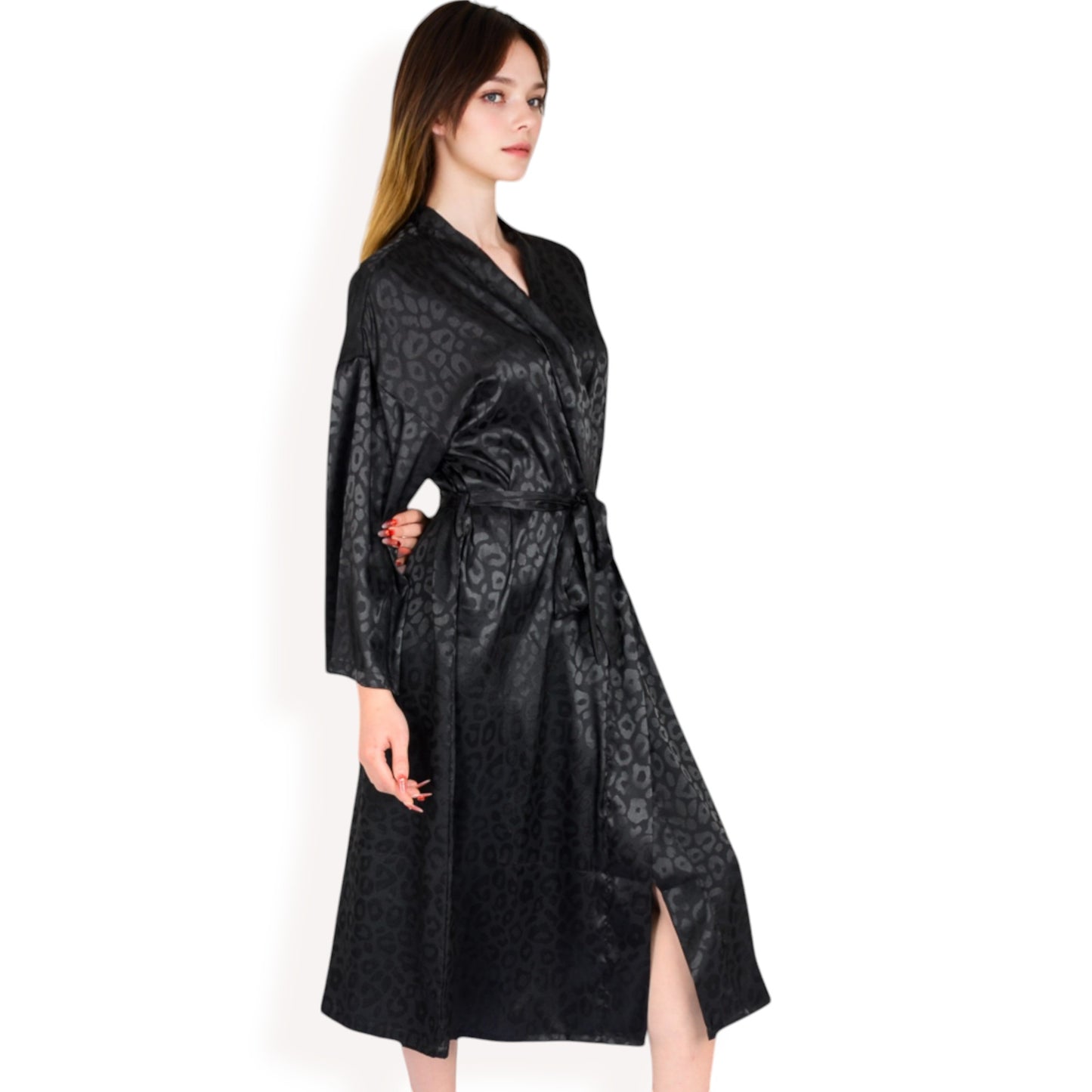 Leopard Print Satin Nightgown with Matching Long Robe and Adjustable Straps- Black,Small