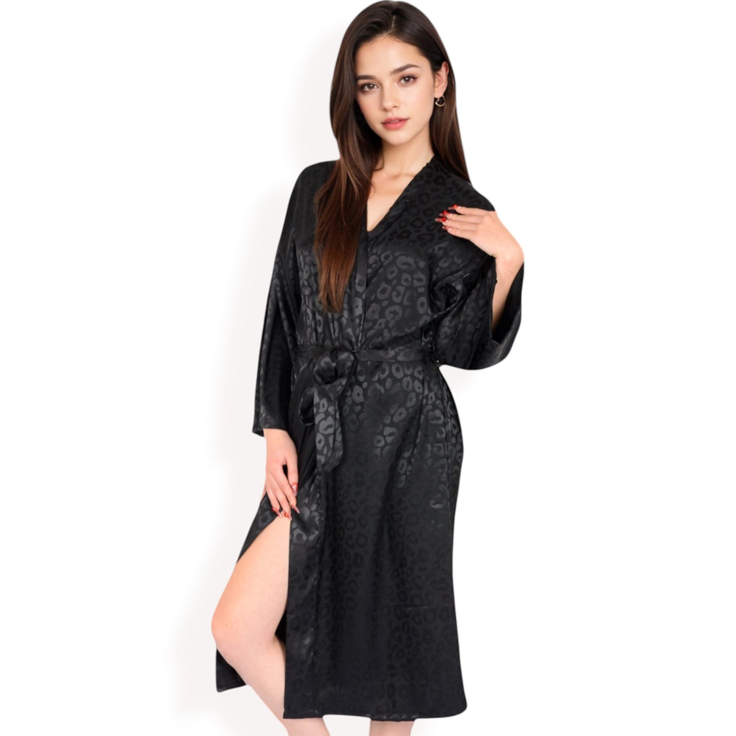 Leopard Print Satin Nightgown with Matching Long Robe and Adjustable Straps- Black,Small