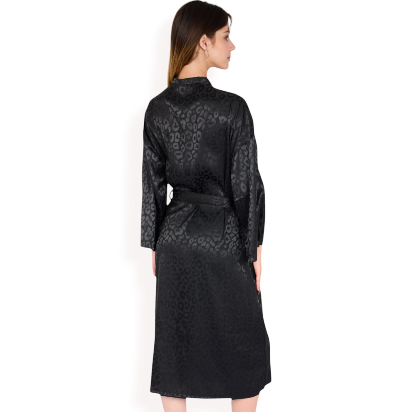 Leopard Print Satin Nightgown with Matching Long Robe and Adjustable Straps- Black,Small