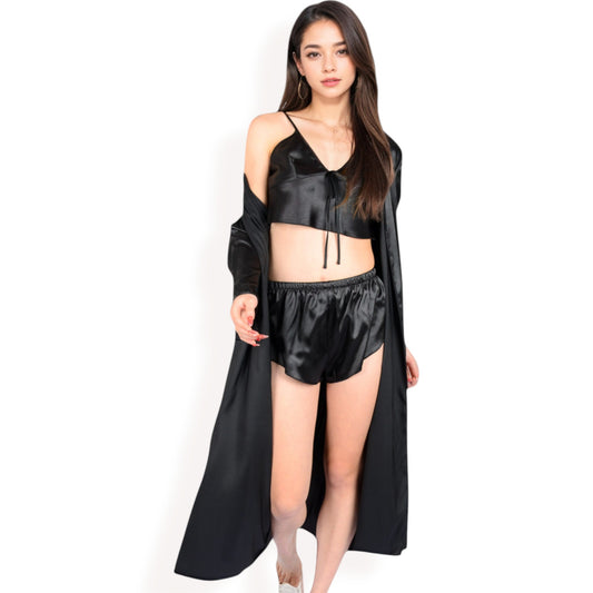 Satin Pajama Set with Long Robe, Cami, Shorts, and Tie Waist- Black,Small