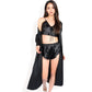 Satin Pajama Set with Long Robe, Cami, Shorts, and Tie Waist- Black,Small