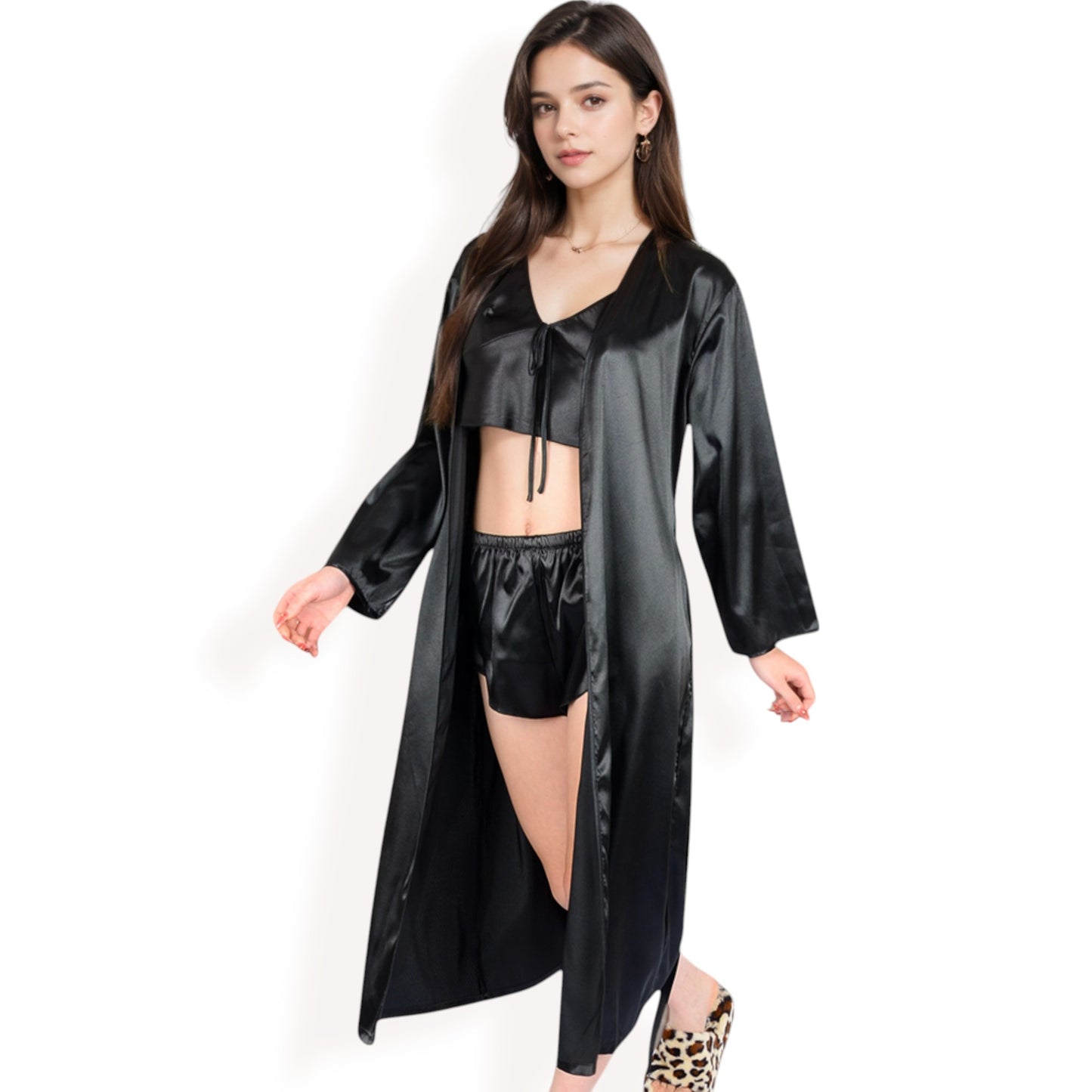 Satin Pajama Set with Long Robe, Cami, Shorts, and Tie Waist- Black,Small