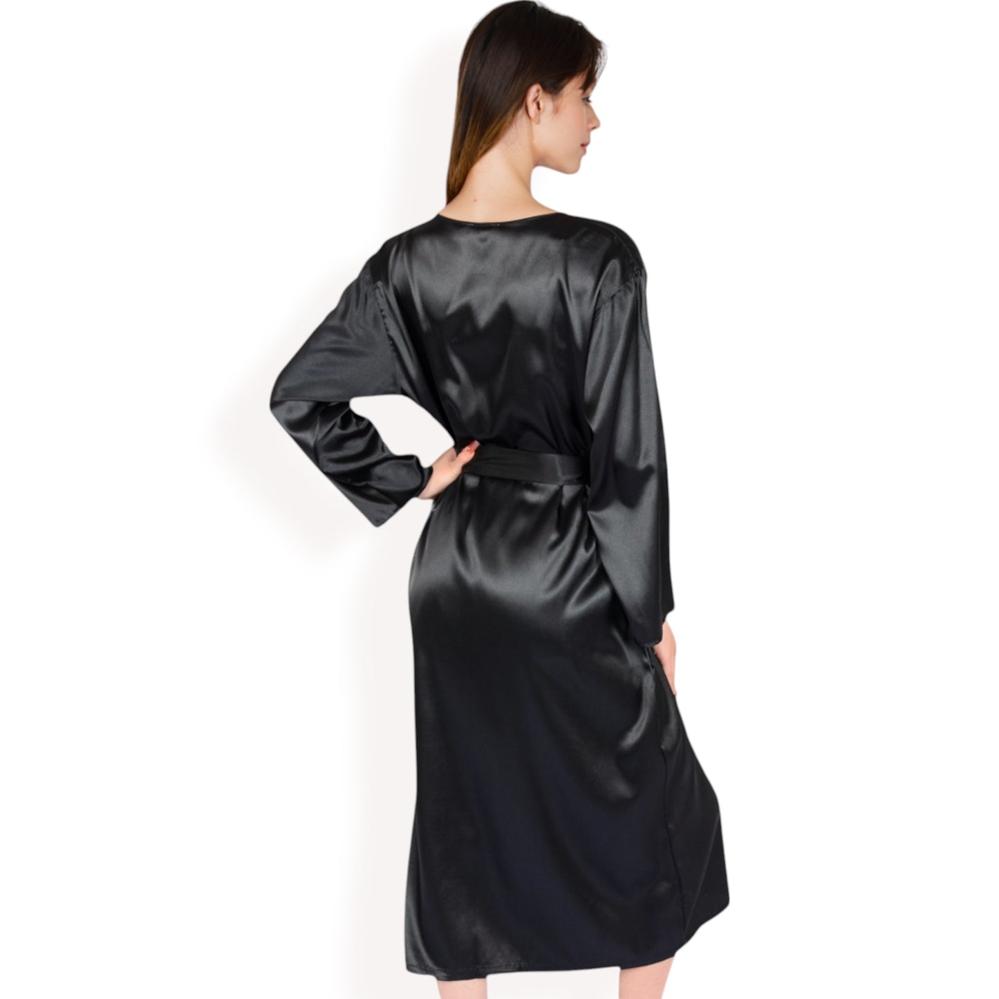 Satin Pajama Set with Long Robe, Cami, Shorts, and Tie Waist- Black,Small