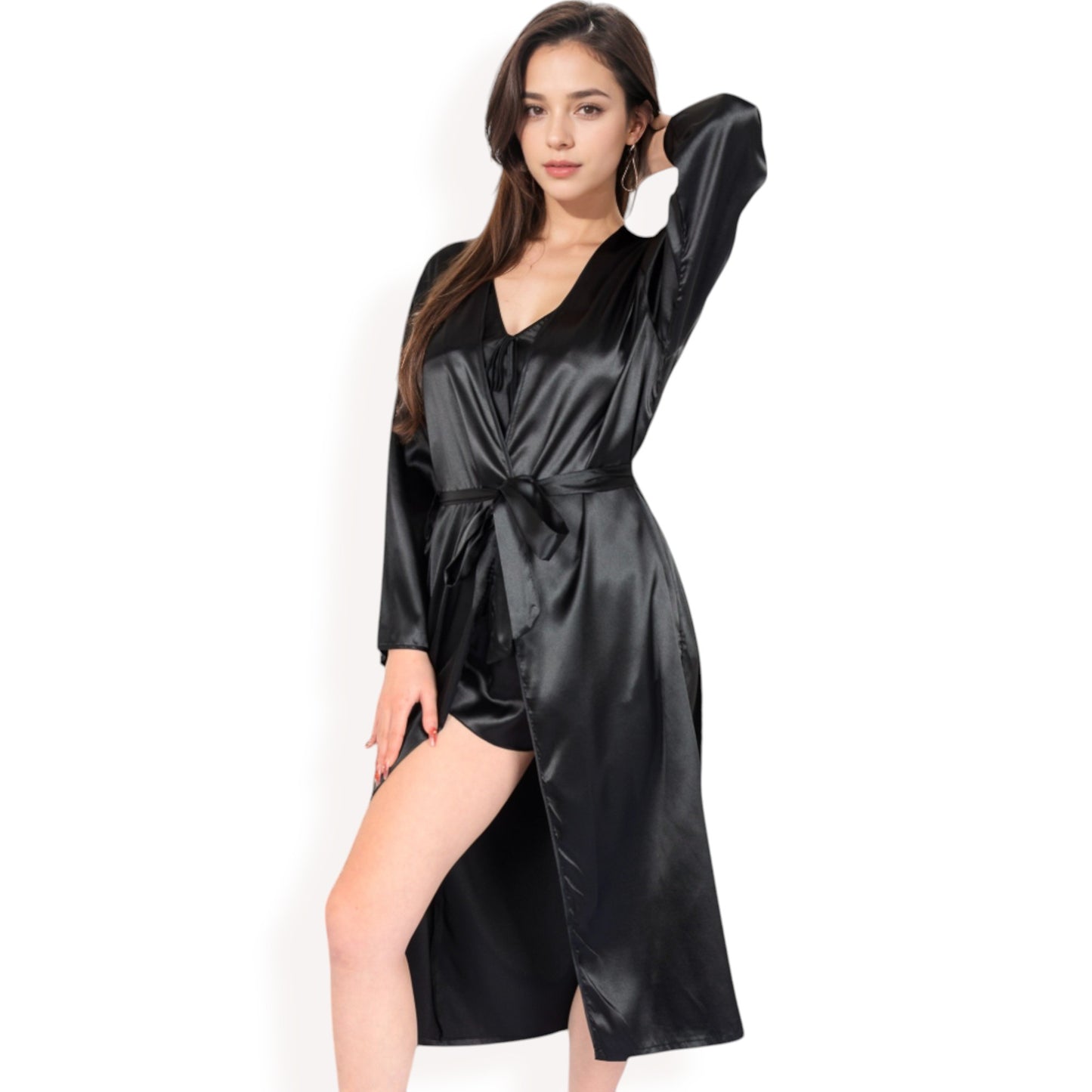 Satin Pajama Set with Long Robe, Cami, Shorts, and Tie Waist- Black,Small