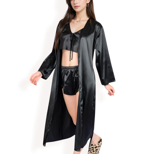 Satin Pajama Set with Long Robe, Cami, Shorts, and Tie Waist- Black,Small