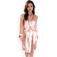 Satin Short Robe with Contrast Piping and Tie Waist- Pink,Small