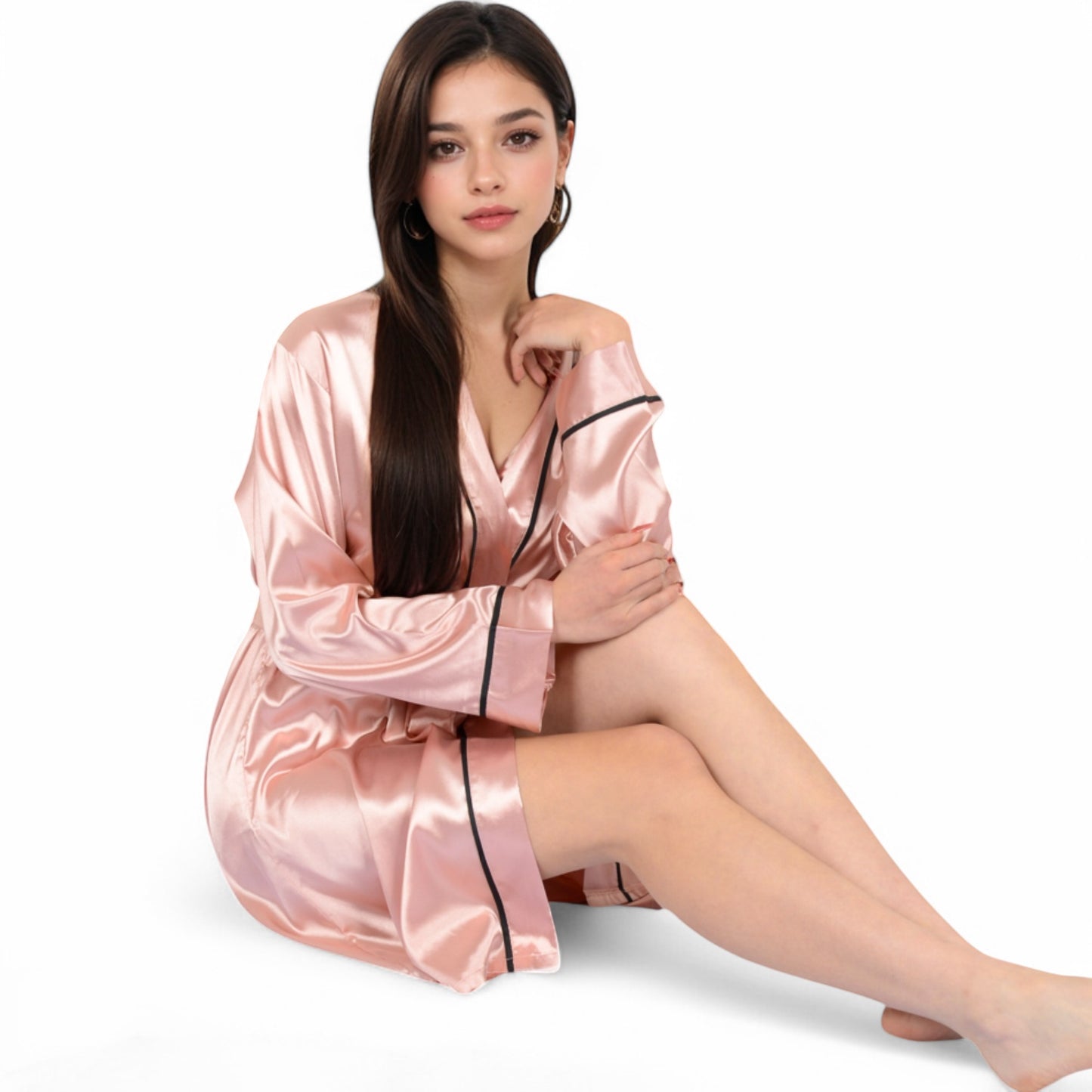 Satin Short Robe with Contrast Piping and Tie Waist- Pink,Small