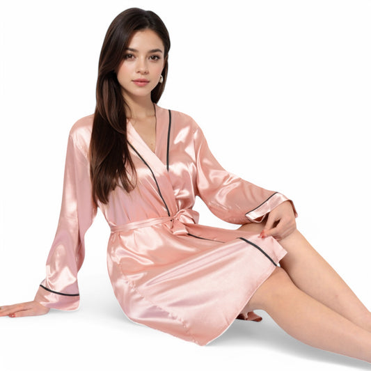 Satin Short Robe with Contrast Piping and Tie Waist- Pink,Small