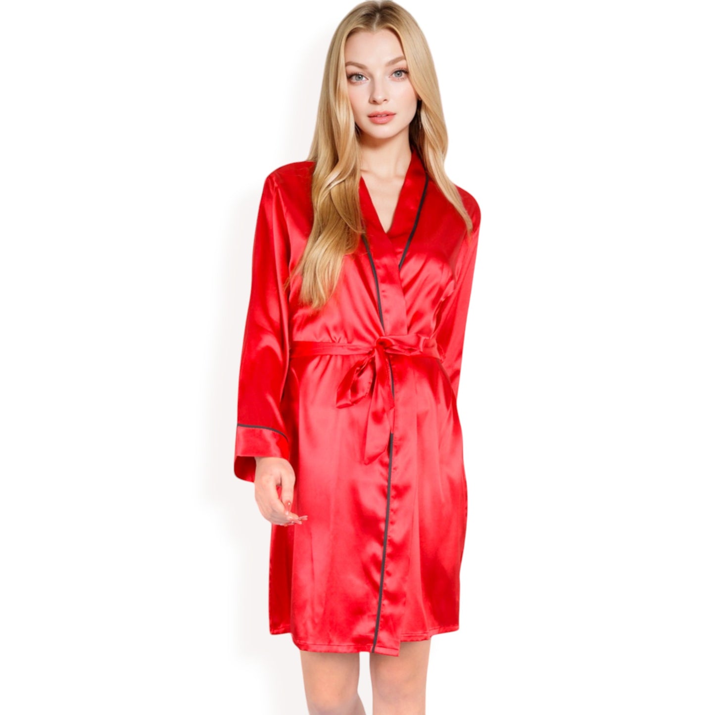 Satin Short Robe with Contrast Piping and Tie Waist- Pink,Small