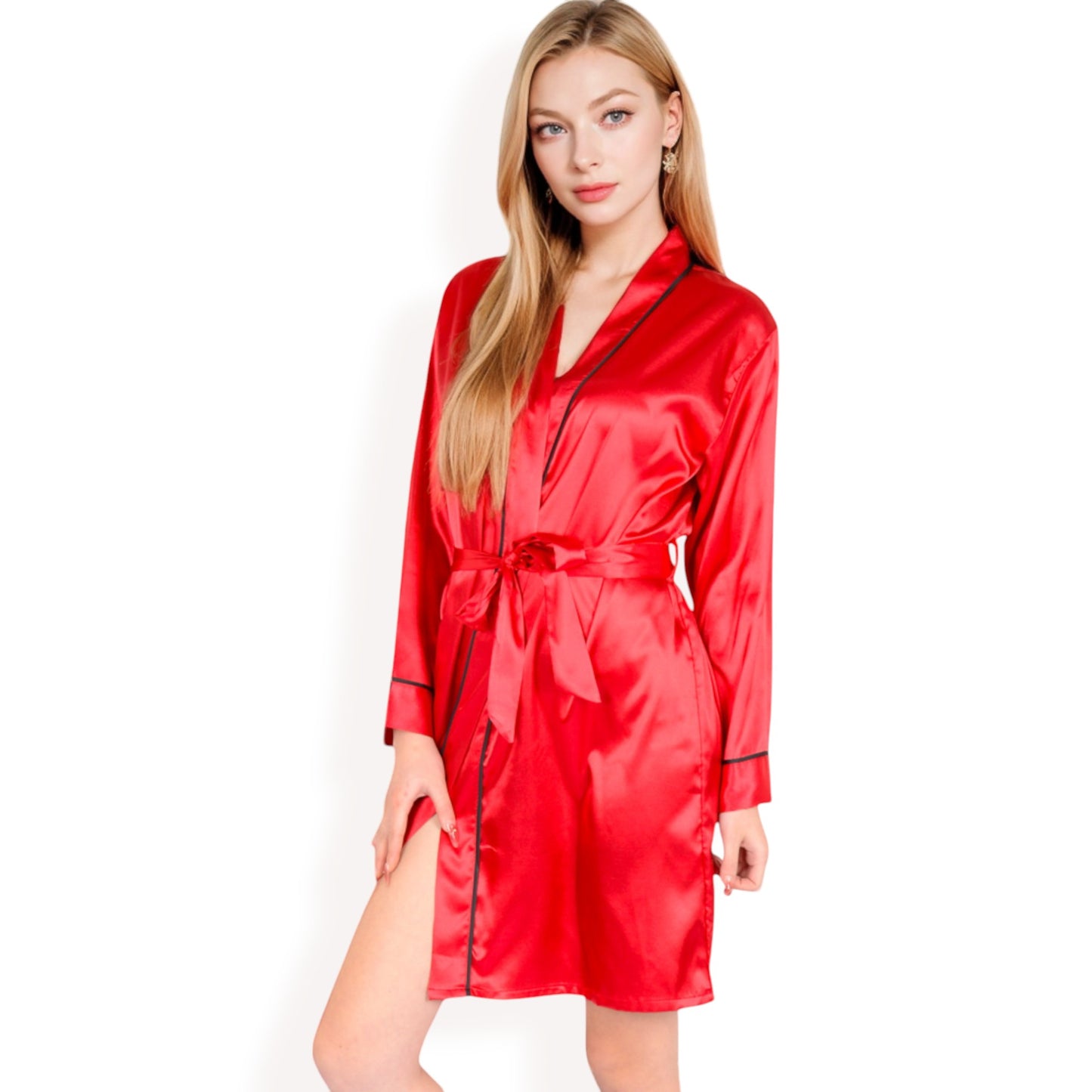 Satin Short Robe with Contrast Piping and Tie Waist- Pink,Small