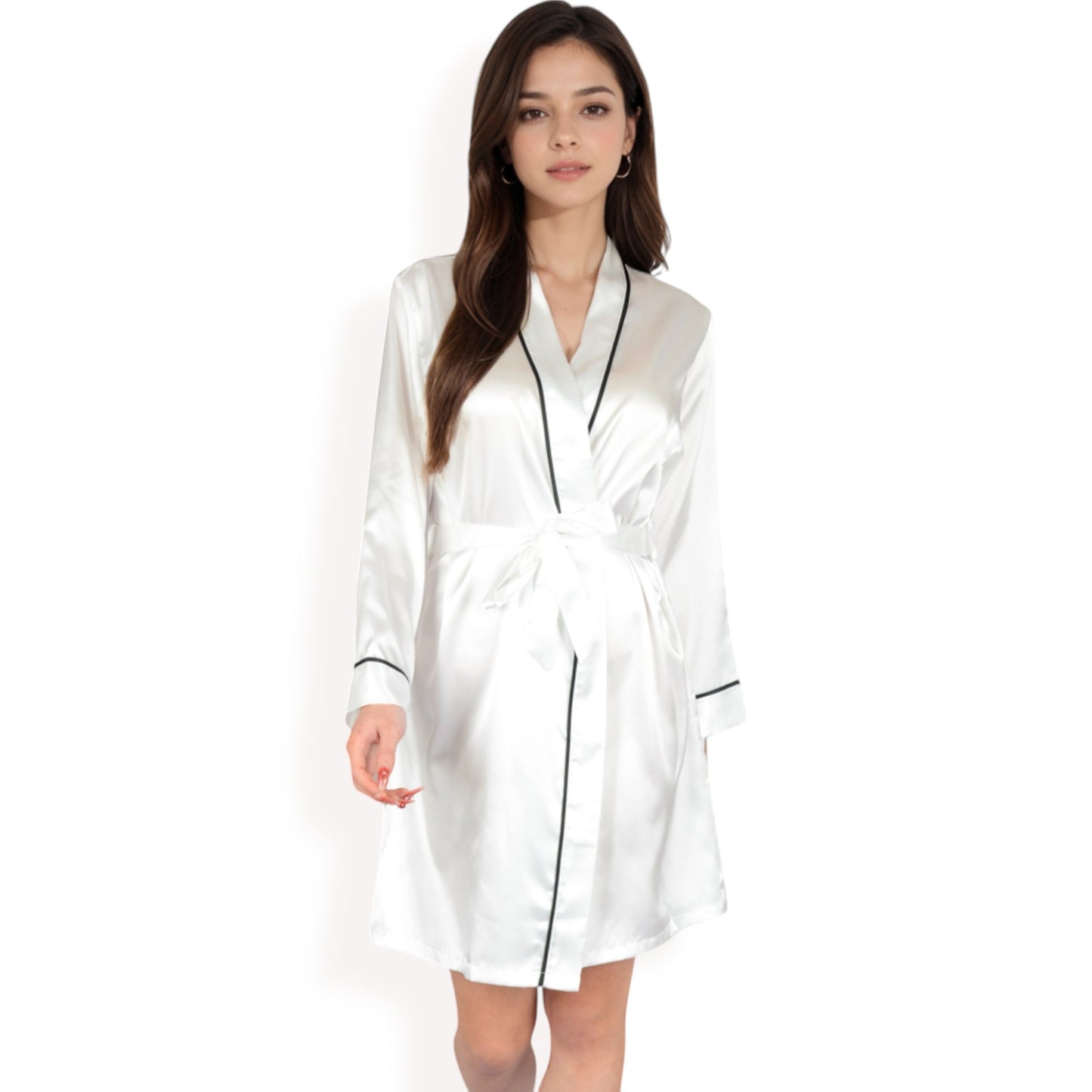 Satin Short Robe with Contrast Piping and Tie Waist- Pink,Small