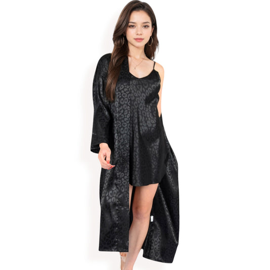 Satin Long Robe with Subtle Leopard Jacquard Pattern and Tie Waist- Black,Small