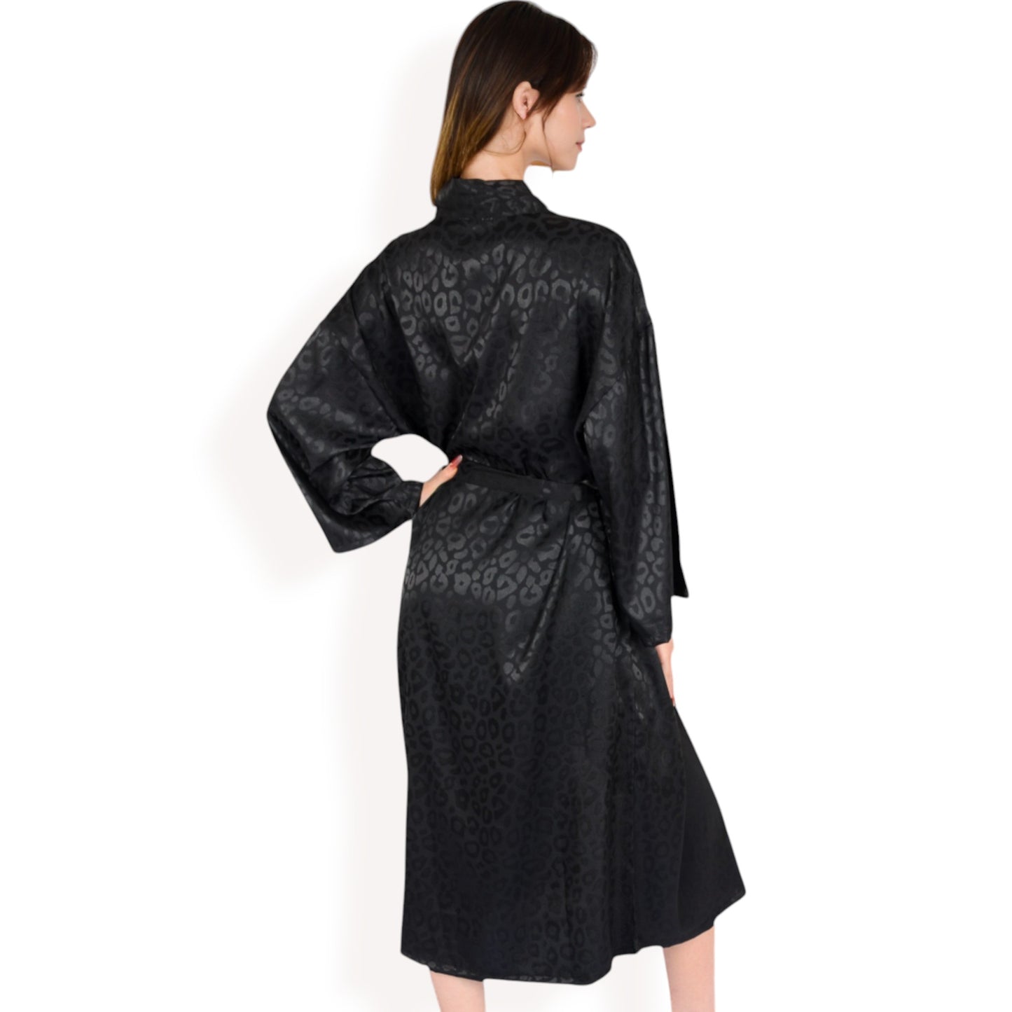 Satin Long Robe with Subtle Leopard Jacquard Pattern and Tie Waist- Black,Small