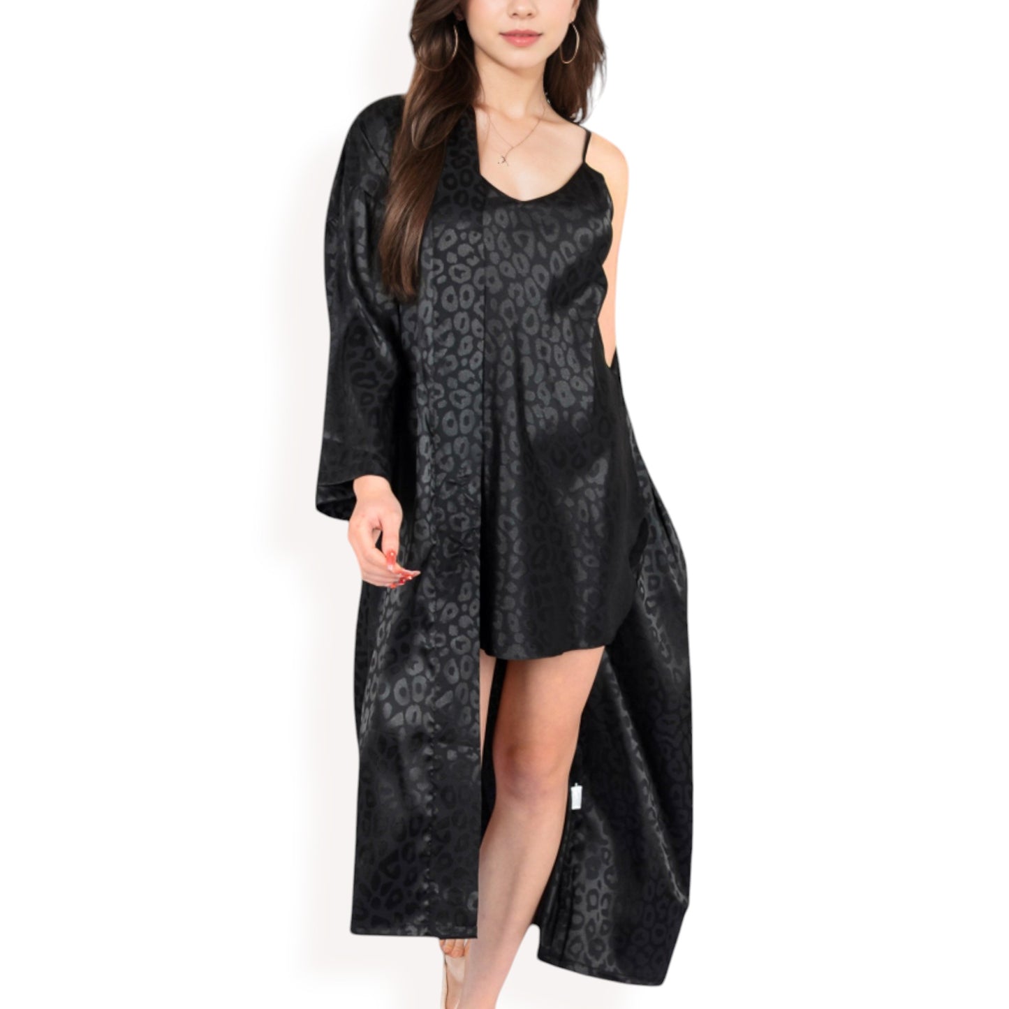 Satin Long Robe with Subtle Leopard Jacquard Pattern and Tie Waist- Black,Small