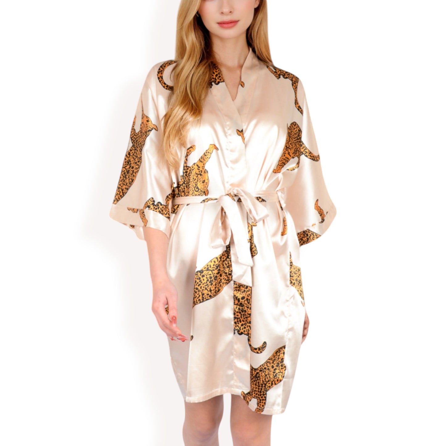 Satin Robe with Leopard Print and Tie Waist- Beige,Small