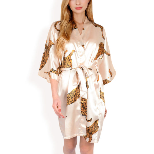 Satin Robe with Leopard Print and Tie Waist- Beige,Small