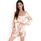 Satin Short Robe with Wrap Tie Closure- Beige,Small