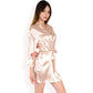 Satin Short Robe with Wrap Tie Closure- Beige,Small