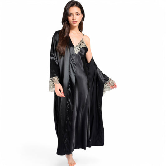 Satin Long Robe and Lace Trim Nightgown Set- Black,Small