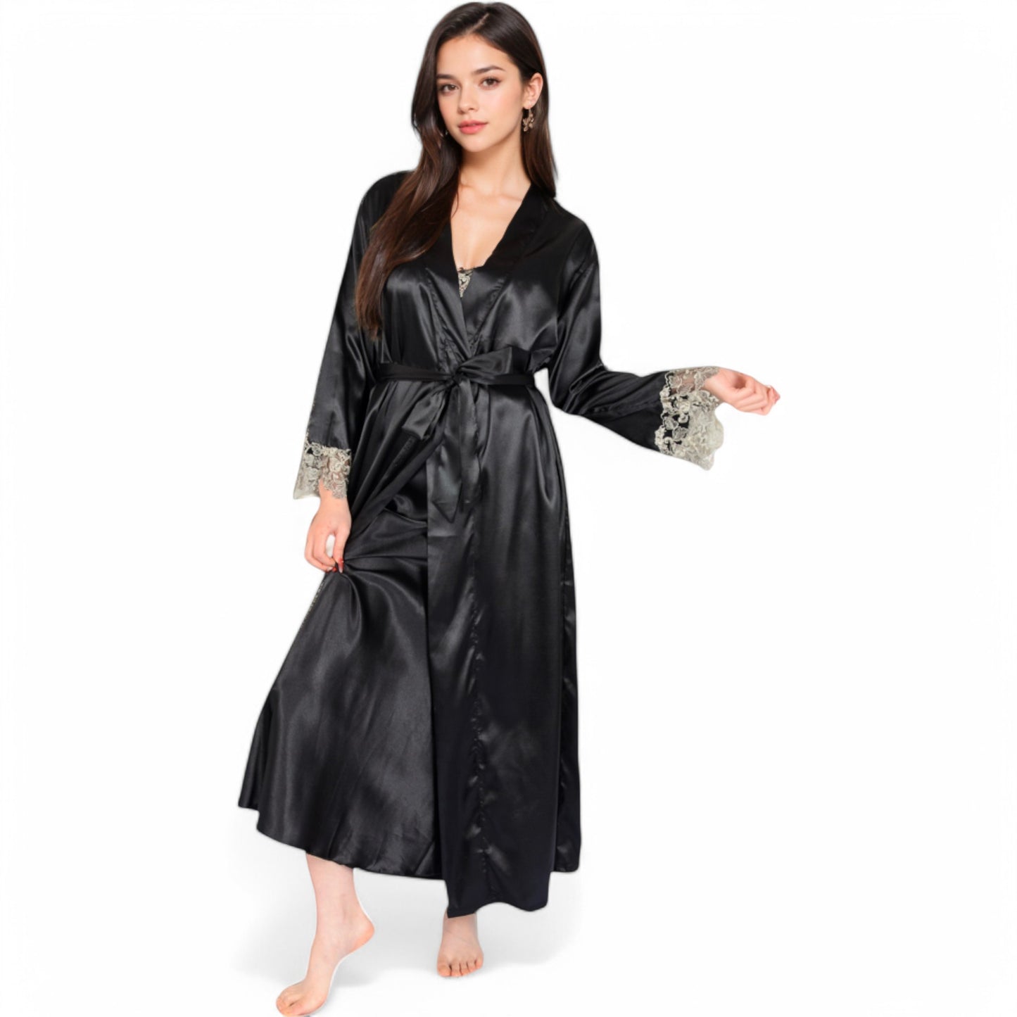 Satin Long Robe and Lace Trim Nightgown Set- Black,Small