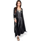 Satin Long Robe and Lace Trim Nightgown Set- Black,Small